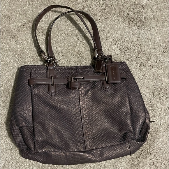 Coach Dark Brown Python Leather Jayden Satchel 3 Sections Lock Accessory - Picture 1 of 4